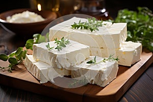 Fresh feta cheese with herbs on wooden board