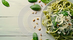 Fresh fettuccine in homemade pesto, topped with Parmesan and pine nuts, presented on a white background with basil