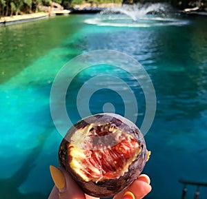 Fresh fig on background water and fountain