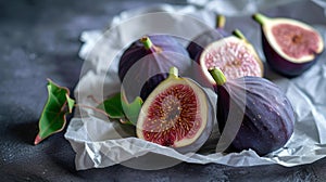 Fresh figs on crumpled paper, healthy fruit still life. organic produce closeup. seasonal food photography. culinary