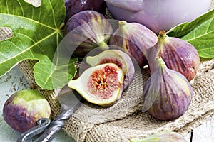 Fresh figs, Ficus carica, old knife on sackcloth