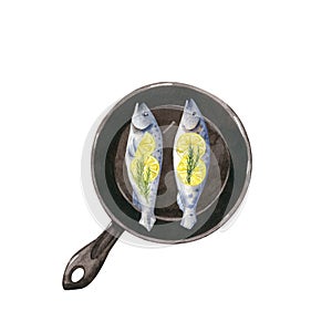 Fresh fish on a cast iron pan with lemon slices, watercolor clipart