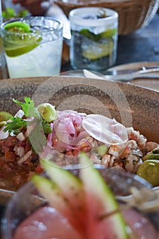 Fresh fish ceviche with cocktails