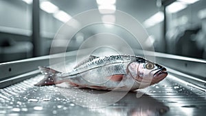 Fresh fish on a conveyor belt in seafood processing plant