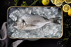 Fresh fish dorada, bream on ice in a metal dish on a black background, top view