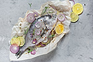 Fresh fish dorado. Raw dorado with herbs, spices and lemon and lime slices ready to cook on a gray background.