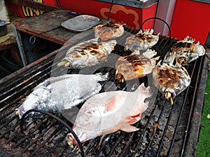 Fresh fish is grilled at the fish market