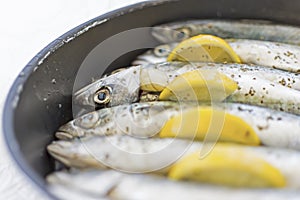 Fresh Fish in Marinade with Lemons Ready for Baking