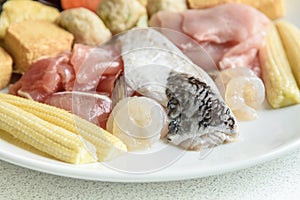 Fresh fish with mixed meat on dish, Sukiyaki Japanese food style