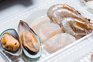 Fresh fish , mussel and shrimp for japanese hot pot