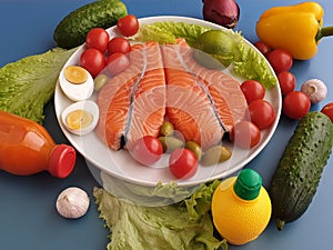 Fresh Fish  Raw Salmon Two steaks with ingredients vegetables and spices tomatoes lemon and olives cucumber green salat onion g