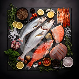 Fresh Fish and Seafood Assortment on Black Slate