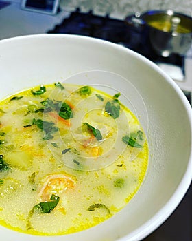 fresh fish soup, plate with upa, shrimps, whitened fish soup photo