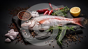 Fresh Fish With Spices On Black Slate - Uhd Image photo