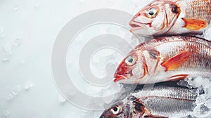 Fresh fish, vividly colored and preserved on ice, ready for market. The cold, pristine setting emphasizes the freshness