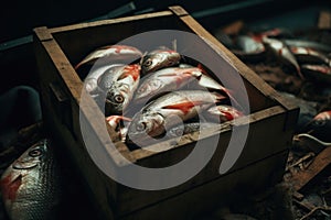 Fresh fish in a wooden crate at a fish market. Dark moody food photography