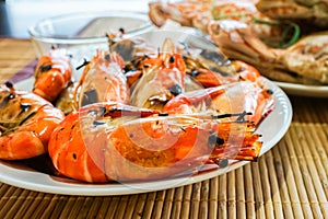 fresh flaming shrimp ready to serve