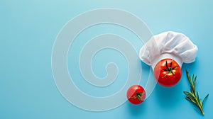 Fresh and Flavorful: A Chef Hat and Tomato Fusion on a Pastel Blue Canvas - Revolutionizing Advertis