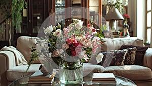 Fresh flower bouquet in a glass vase adds elegance to home photo