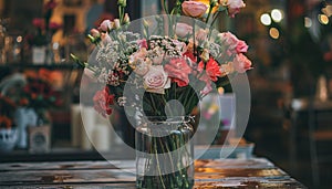 Fresh flower bouquet in a glass vase adds elegance to home photo