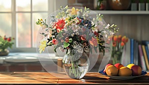 Fresh flower bouquet in a glass vase adds elegance to home photo