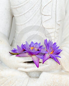 Fresh flowers in Buddha image hands