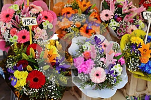 Fresh flowers at farmer market in France, Europe. Italian Spanish and French flowers. Street French market at Nice.