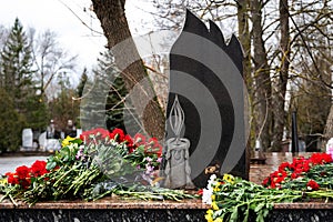 Fresh flowers on the mass grave of fallen soldiers in the war