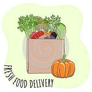 Fresh food delivery concept. Vegetables and fruits in paper bag. Organic market and healthy food. Hand drawn vector illustration