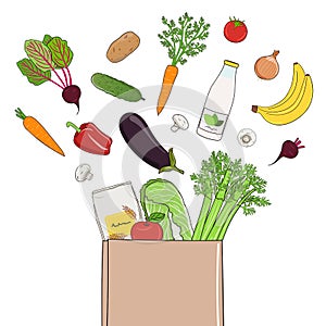 Fresh food delivery concept. Vegetables and fruits in paper bag. Organic market and healthy food. Hand drawn vector illustration