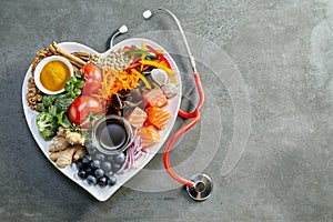 Fresh food for a healthy heart with a stethoscope