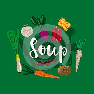 Fresh food ingredients for soup in doodle style vector illustration