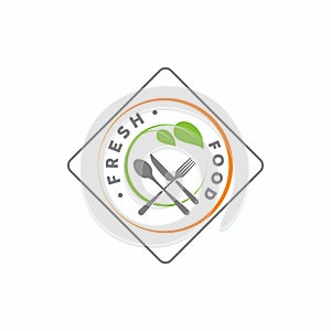 Fresh food logo. Design knive, spoon and fork. Leaf image. Plate concept.