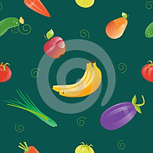 Fresh Food Seamless Pattern with Different Fruits and Vegetables.