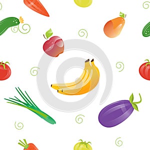 Fresh Food Seamless Pattern with Different Fruits and Vegetables.