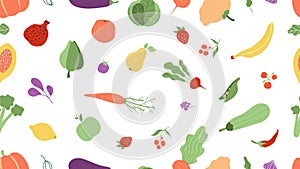 Fresh food seamless pattern. Vegetables, fruits texture. Farm agricultural products vector background