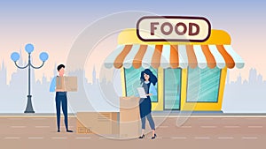 Fresh food store. Grocery store on the background of the city. Flat style. Vector.