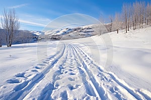 fresh footprints leading to wide, gentle beginners ski slope