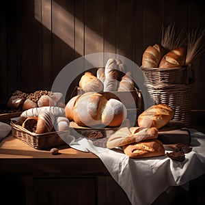 Fresh fragrant bread on the table in the bakery. Food concept, generative AI.