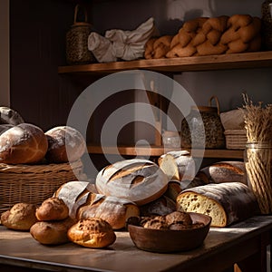 Fresh fragrant bread on the table in the bakery. Food concept, generative AI.