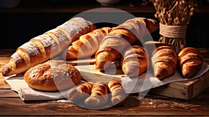 Fresh fragrant, hot bread on the table with herbs, on a wooden table, all inclusive, shop. Fresh classic pastries.