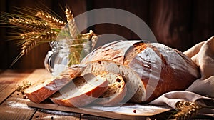 Fresh fragrant, hot bread on the table with herbs, on a wooden table, all inclusive, shop. Fresh classic pastries.