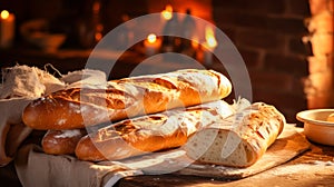 Fresh fragrant, still life with French baguettes from fresh bread with poolish on a wooden cutting board and wheat.n