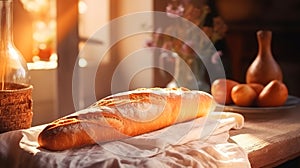 Fresh fragrant, still life with French baguettes from fresh bread with poolish on a wooden cutting board and wheat.n