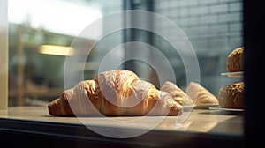 Fresh France plane croissant in a bakery shop. Generative AI