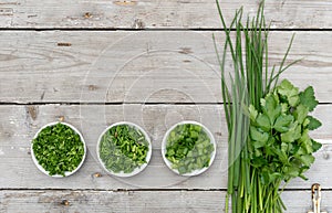 ??fresh fresh parsley, chives and spring onion on a light wooden background