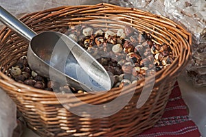 Fresh fried chestnuts in a basket 