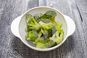 Fresh frozen broccoli on a white plate, wooden background, healthy diet, close-up