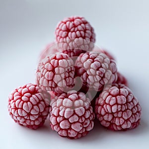 Fresh frozen red raspberries. Group on the white background