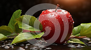 fresh fruit background with ripe apple with leaf